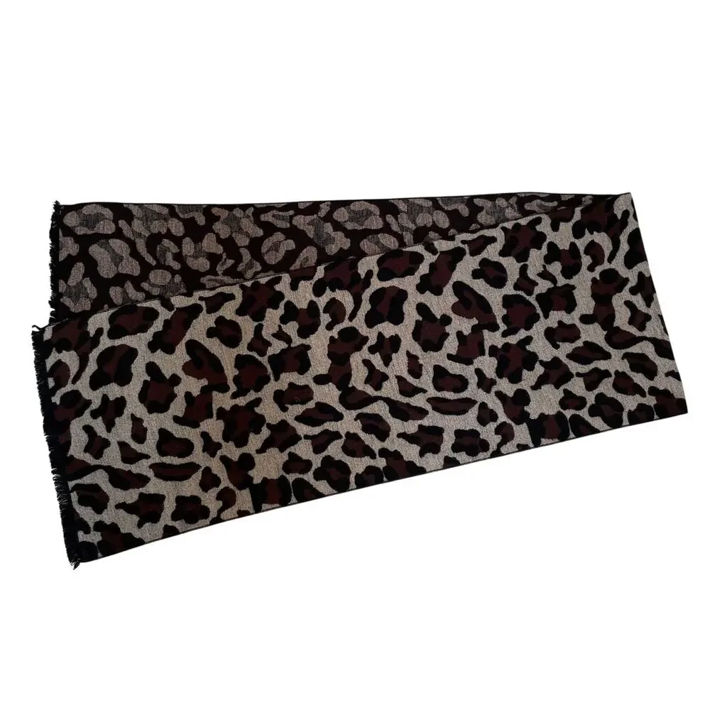 Alfani Brushed Silk Animal Print Scarf /Leopard Print Scarf with Fringe 66 x 12